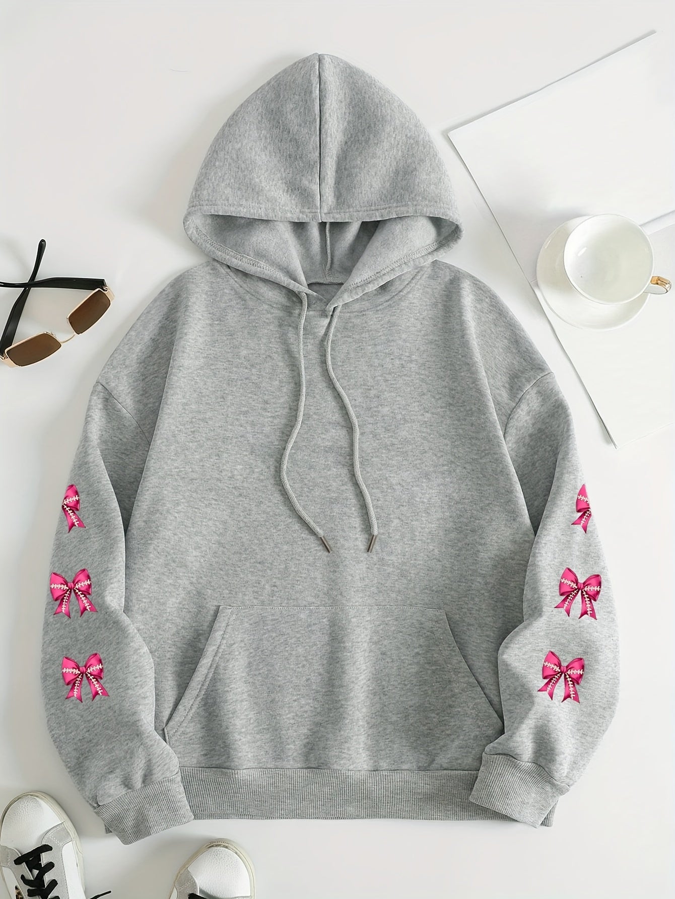 Women'S Plus Size Hoodie with Pink Ribbon Bowknot Print, Casual Long Sleeve Pullover with Pocket, 100% Polyester Knit Fabric, Slight Stretch, Fall/Winter Hooded Sweatshirt, Breast Cancer Awareness Design