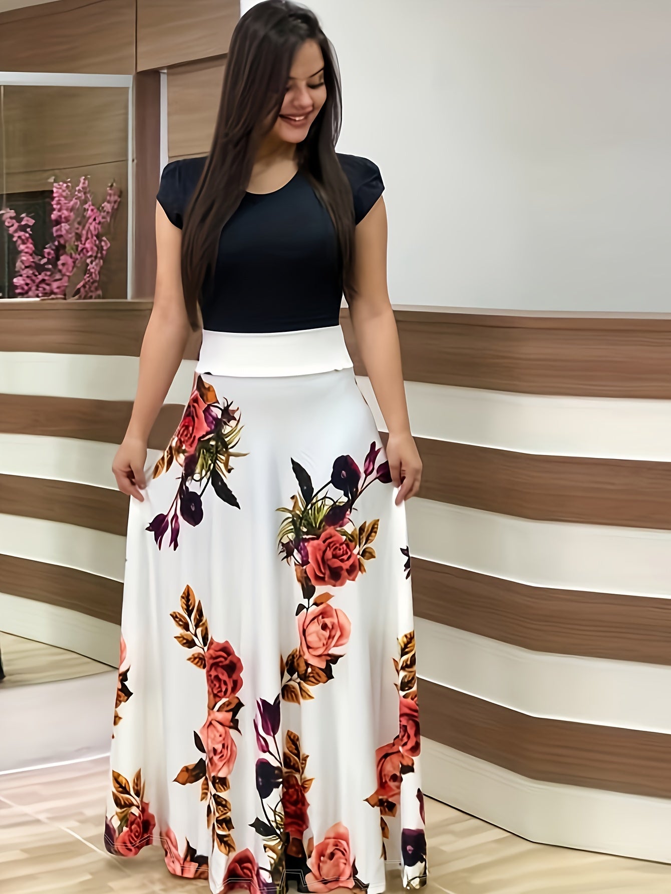 Floral Print Splicing Maxi Dress, Casual Crew Neck Short Sleeve Dress For Spring & Summer, Women's Clothing