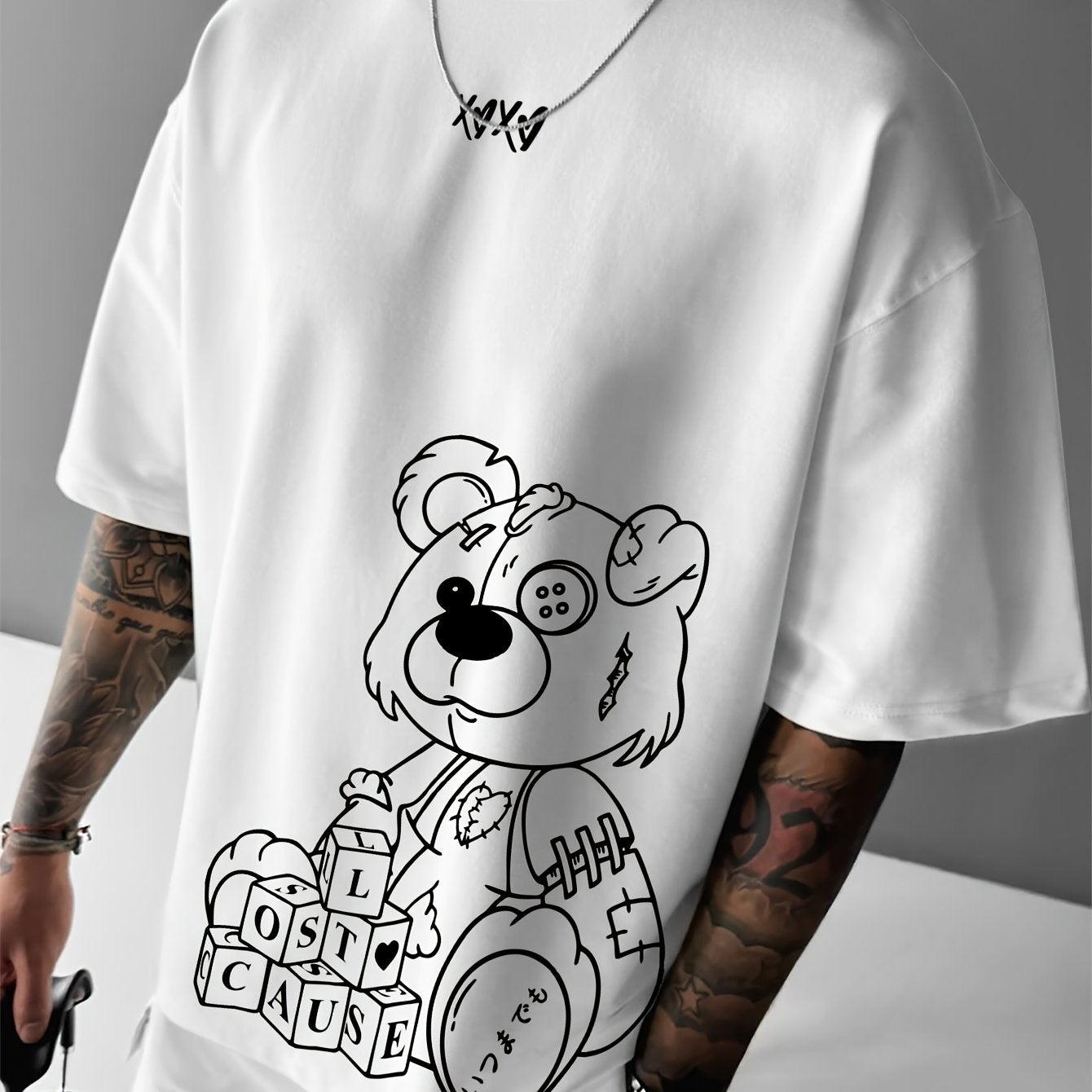 Men'S Casual Loose Short-Sleeve T-Shirt with a Bear Pattern Print.