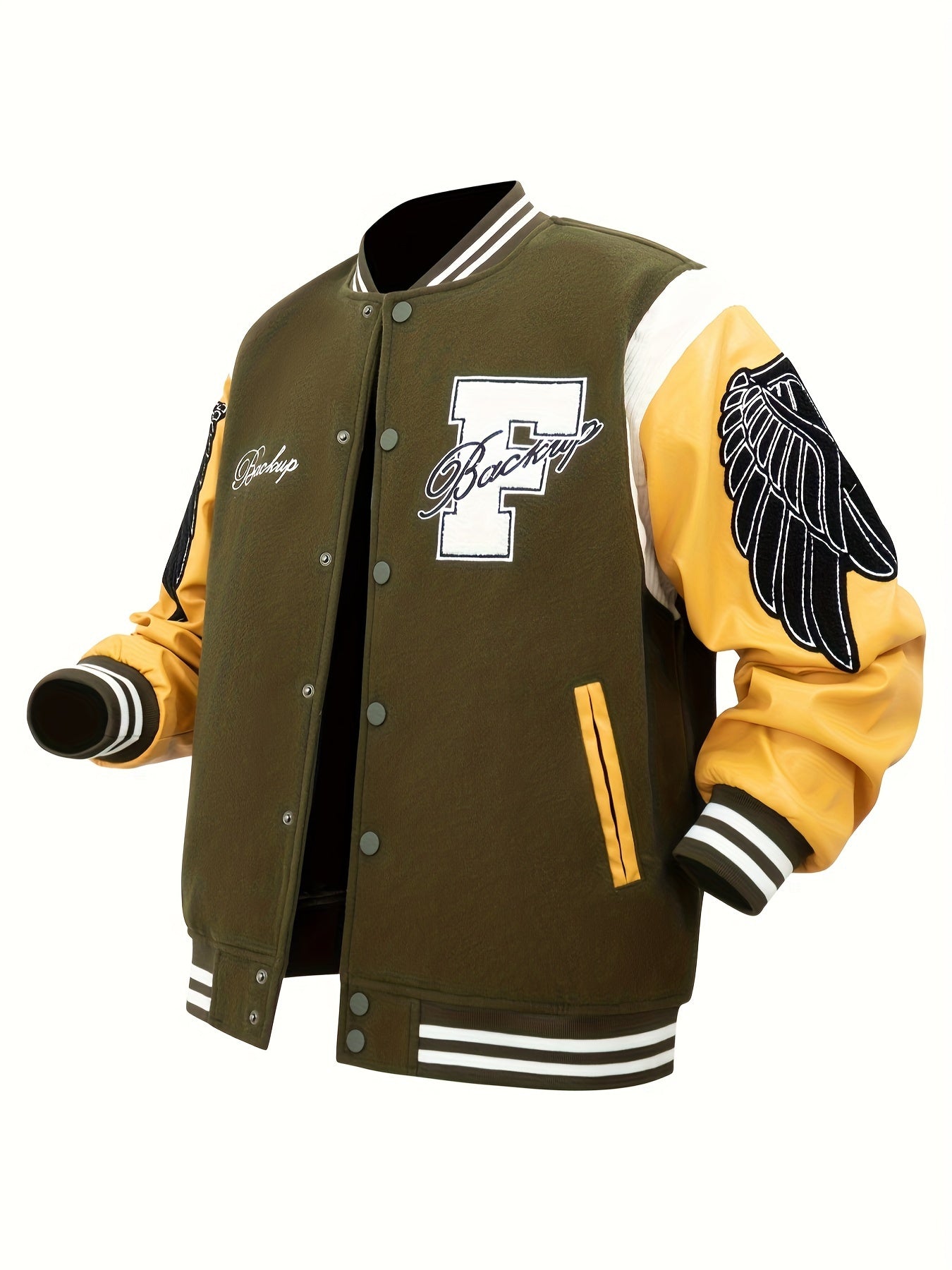 Men's Letter Double-wing Embroidery Varisty Jackets Vintage Long Sleeve PU Leather Patchwork Baseball Coats for Autumn&Winter