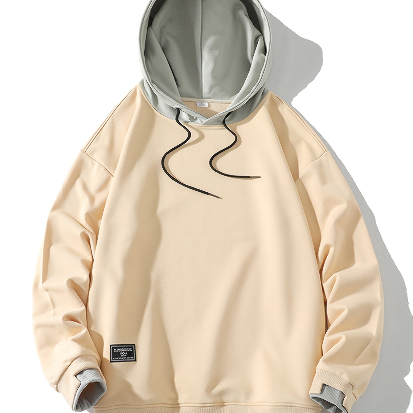 Men'S Fashion Casual Hooded Sweatshirt, 100% Polyester Knit Fabric, Long Sleeve, Loose Fit Pullover with Geometric Applique Design, Medium Stretch, for Spring/Autumn Trendy Streetwear