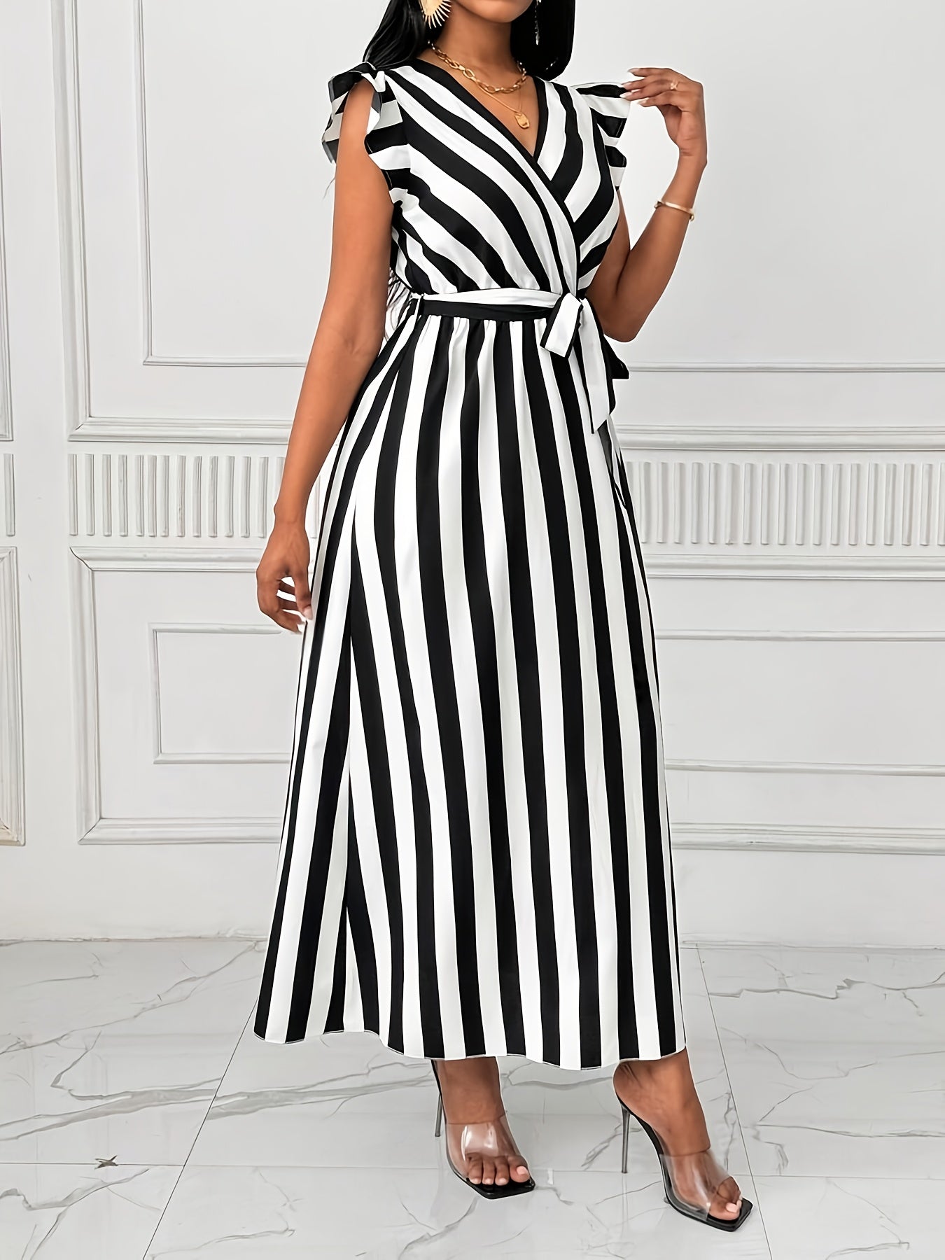 Elegant Women'S Long Dress with V-Neck and Butterfly Sleeves, Black and White Vertical Stripe Print, Polyester 100%, Lace-Up Detail, All-Season Pinafore Style