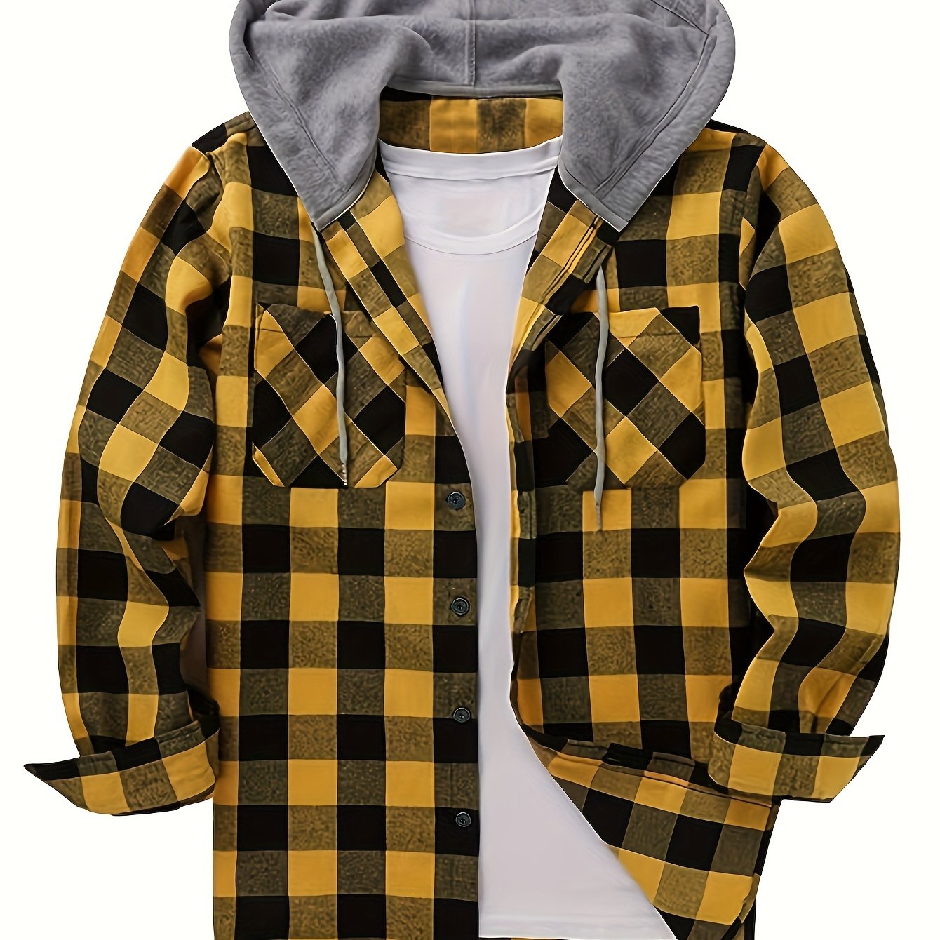 Fashionable Design Men's Plaid Pattern Hooded Long Sleeve And Button Up Shirt Jacket With Pockets, Chic And Trendy Hoodie Jacket For Outdoors Leisurewear