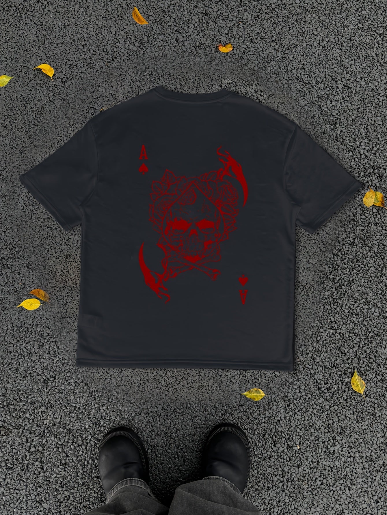 Men's Casual Hip-Hop Street Style Death Skull Ace of Spades Print T-Shirt - Loose Fit, Round Neck, Polyester Knit Fabric, Summer Collection