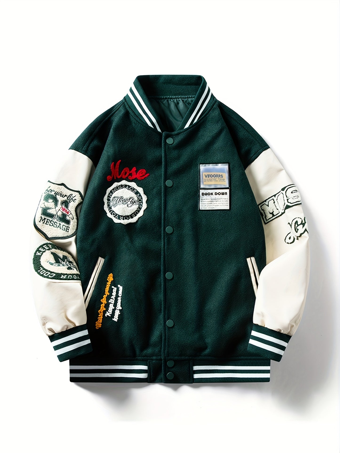 Embroidery Varsity Jacket, Men's Casual Color Block Button Up Jacket For Spring Fall School Baseball