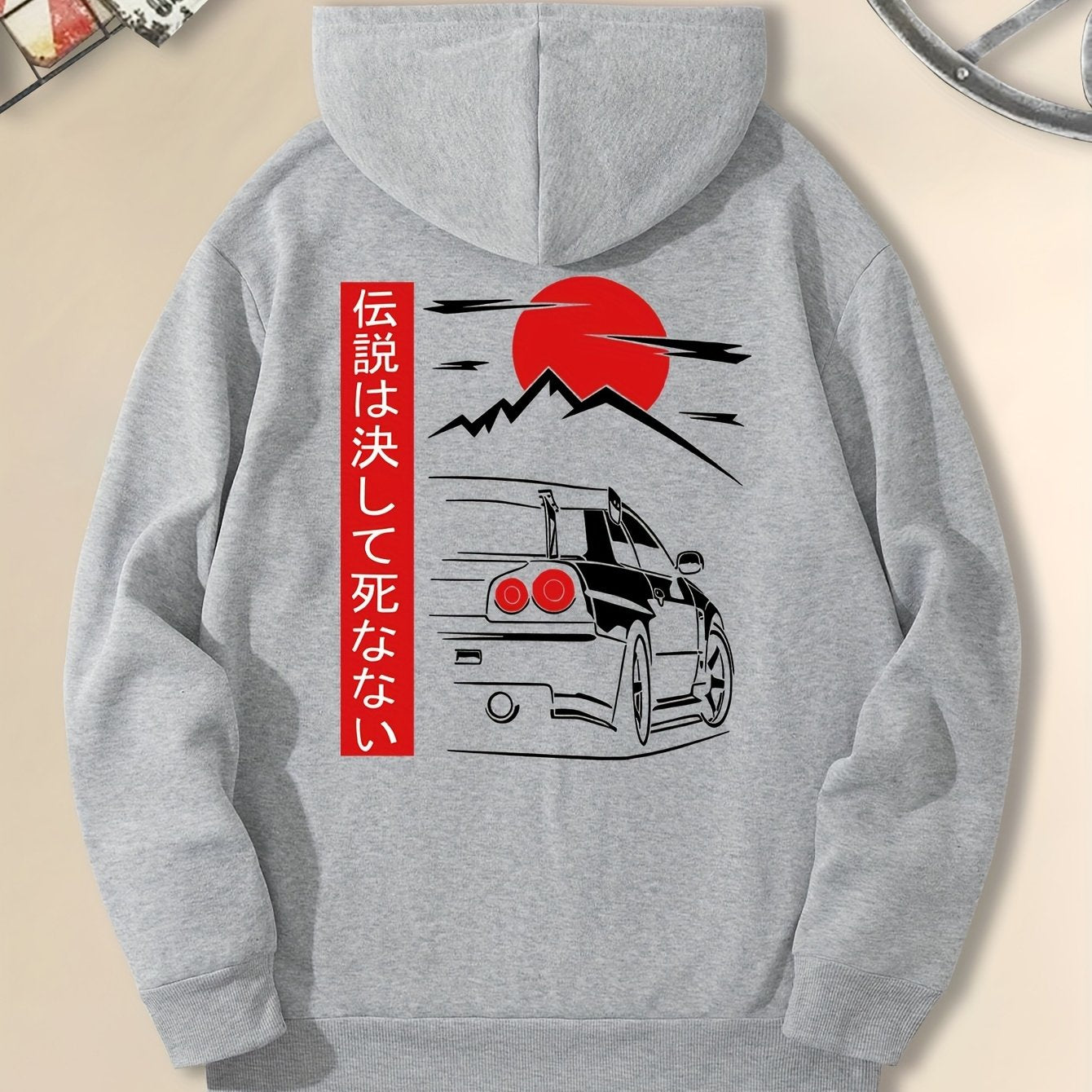 Men's Casual Black Hoodie with Sunset Sports Car Graphic - Cozy Long Sleeve Hooded Sweatshirt, Polyester, Machine Washable for Autumn & Winter, Sweater Hoodie