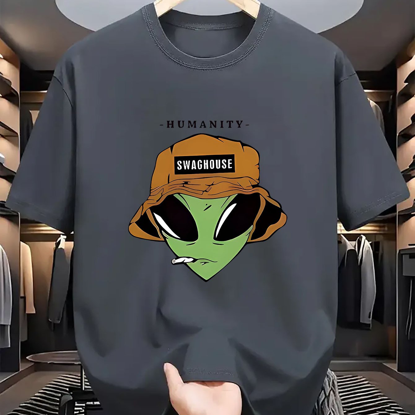 Men's Crew Neck Casual Polyester T-Shirt with Trendy Alien Graphic Print - Regular Fit, Breathable Knit Fabric with Slight Stretch - Adult Summer Style Tee with Halloween Pattern Details