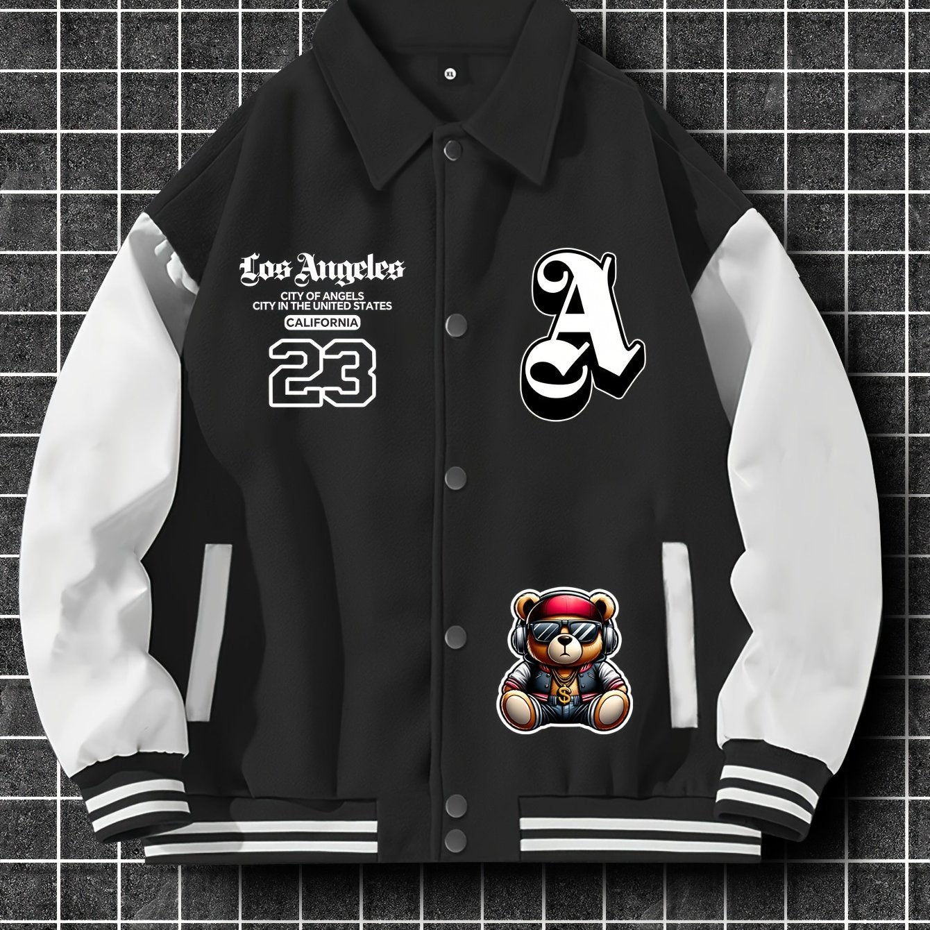 Men'S Casual Polyester Lightweight Jacket, American Streetwear Baseball Style with Random Print, Collar, Pockets, Regular Fit, Knit Fabric