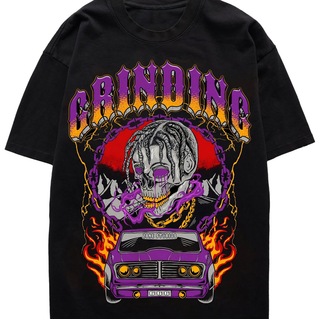 Space Funnin' "GRINDING" Skull & Vintage Car Graphic Tee, 100% Cotton, Hip Hop Streetwear, Round Neck, Summer Off-Shoulder, Machine Washable, Black with Purple & Yellow Flames Design