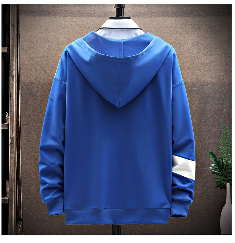 Men's Casual Hoodie with Geometric Print - Cozy & Warm Zip-Up Jacket for Fall/Winter, Polyester Blend, Young Fashion, Sports