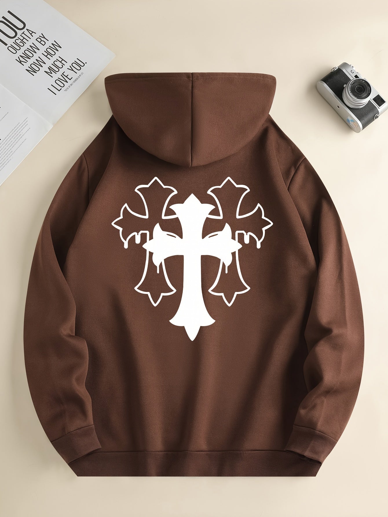 Cross Print Men's Simple Style Pullover Hoodies With Kangaroo Pocket Long Sleeve Hooded Sweatshirt Loose Casual Top For Autumn Winter Men's Clothing As Gifts