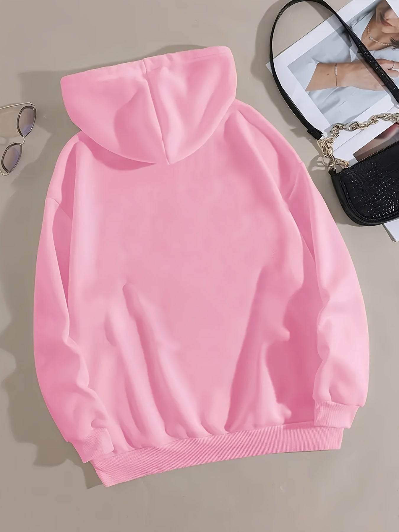 Women'S Casual Letter & Bow Print Hoodie, Polyester Stretch Fabric, Regular Fit with Kangaroo Pocket, Fashionable Pullover Sweatshirt for Adults, Winter Knitwear