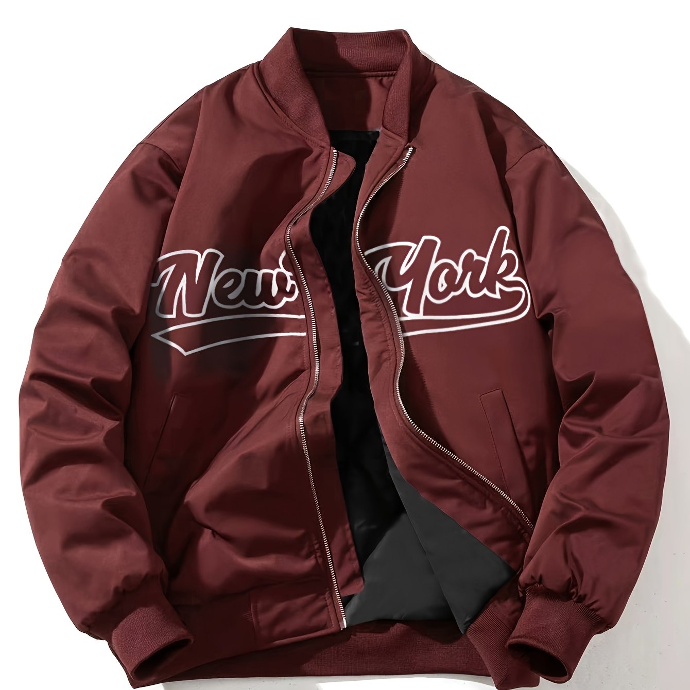 1pc Men'S Casual Bomber Jacket, Polyester 100% Lightweight Windbreaker, Letter Print, Baseball Collar, Long Sleeve, Regular Fit with Pockets, Zippered Front - Daily and Leisure Wear