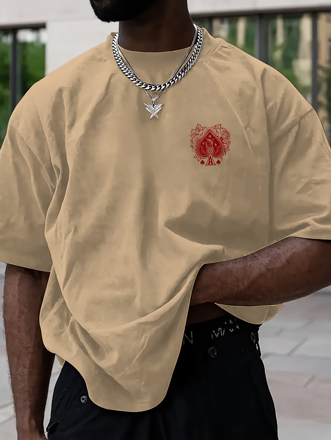 Men's Casual Hip-Hop Street Style Death Skull Ace of Spades Print T-Shirt - Loose Fit, Round Neck, Polyester Knit Fabric, Summer Collection