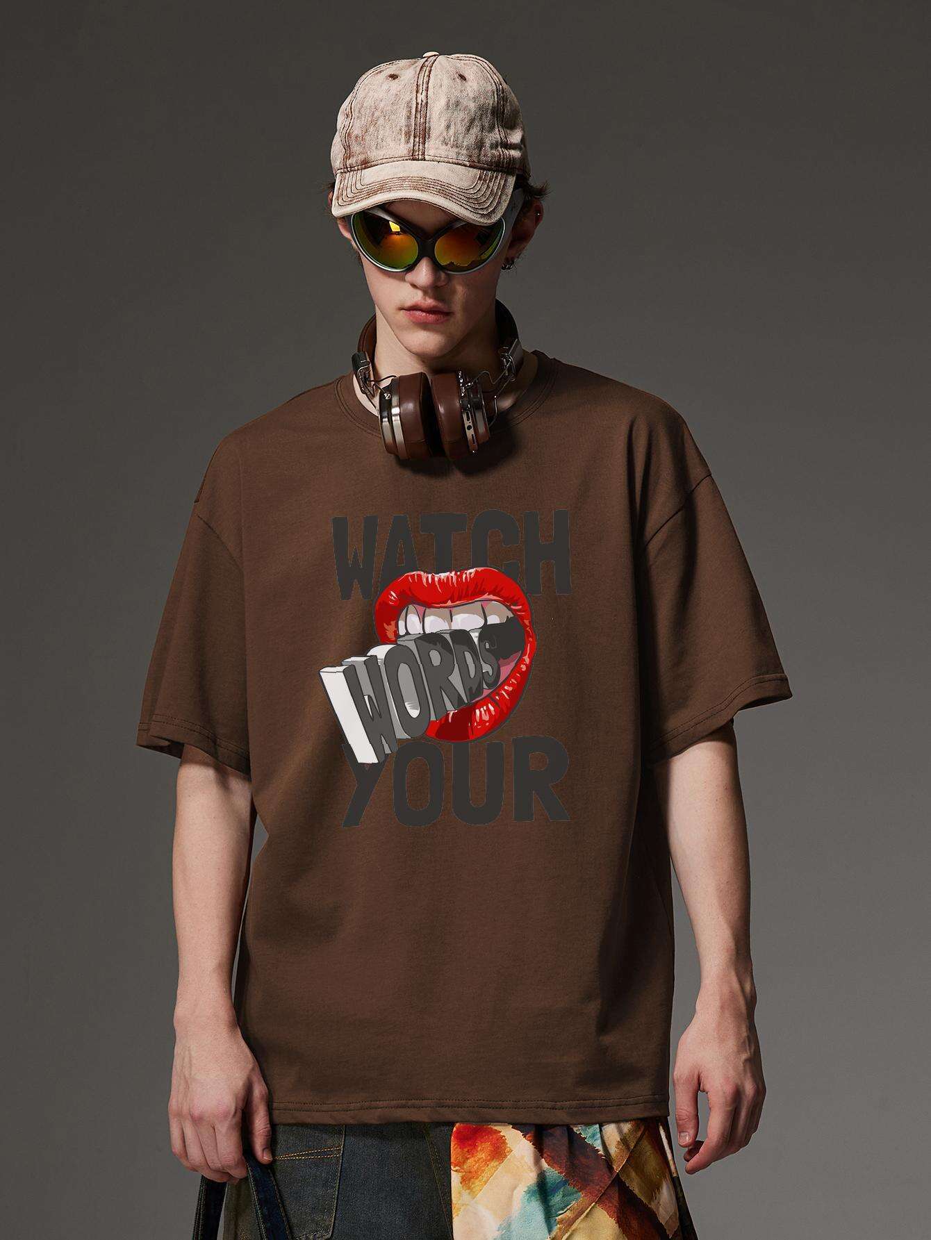 PRIVATHINKER "Watch Your Words" Graphic Tee for Men - Oversized, 100% Cotton, Short Sleeve, Casual Summer Streetwear with Red Lip & Lightning Bolt Design, Machine Washable