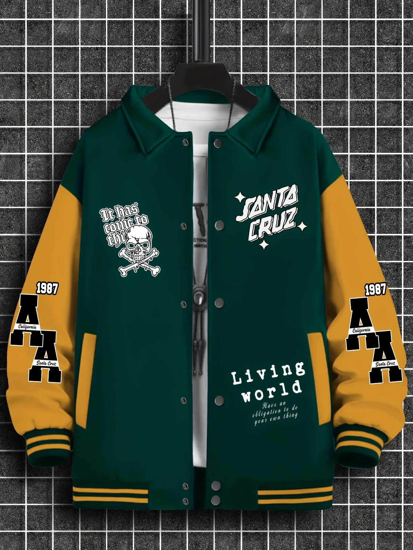 Men's Trendy Casual Baseball Jacket with Unique Print Design - Thick, Warm Polyester, Machine Washable, Collared Style