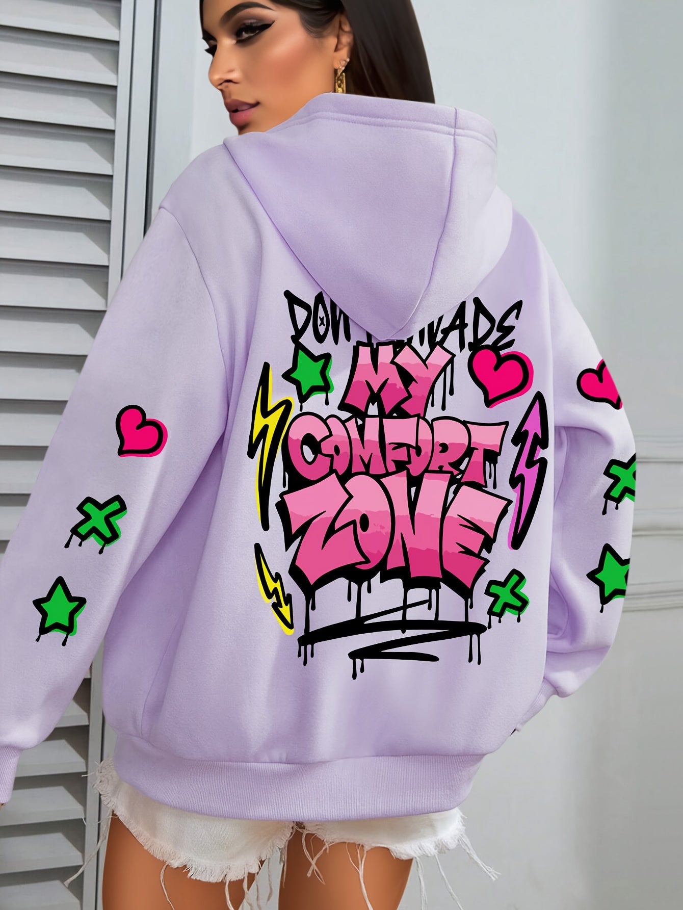 Women's Plus Size Graffiti-Style Hoodie - Casual Long Sleeve with Pocket, Purple "MY COMFORT ZONE" Graphic Hooded Sweatshirt for Fall & Winter, Cozy Pullover | Graffiti Print Hoodie | Fleecelined Comfort, Sweater Hoodie