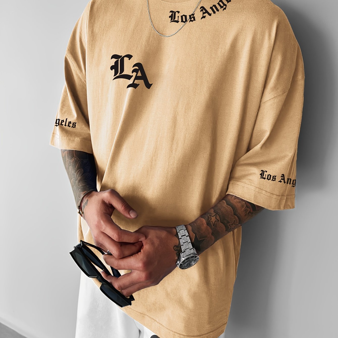 Men'S Casual Los Angeles Graphic Print T-Shirt Polyester Crew Neck Slight Stretch Summer Tee, Loose Fit Round Collar Short Sleeve Top for Men