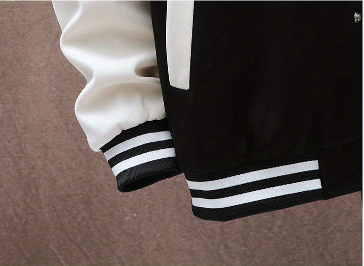 Letters Print Preppy Varsity Jacket, Men's Casual Long Sleeve Striped Button Down Baseball Jacket With Pockets For Winter Fall