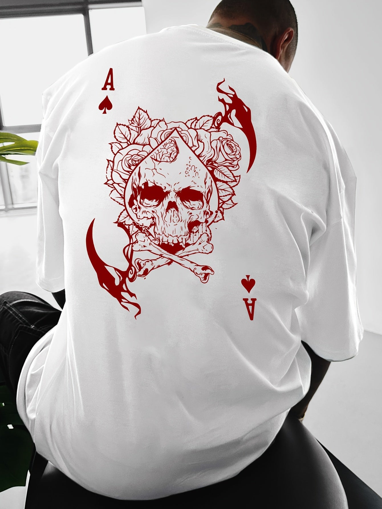 Men's Casual Hip-Hop Street Style Death Skull Ace of Spades Print T-Shirt - Loose Fit, Round Neck, Polyester Knit Fabric, Summer Collection