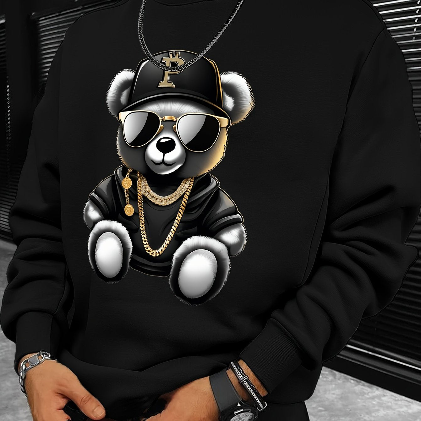 Men's Casual Long Sleeve Crew Neck Sweatshirt with Cool Bear Print - Soft Polyester Blend, Perfect for Fall & Winter