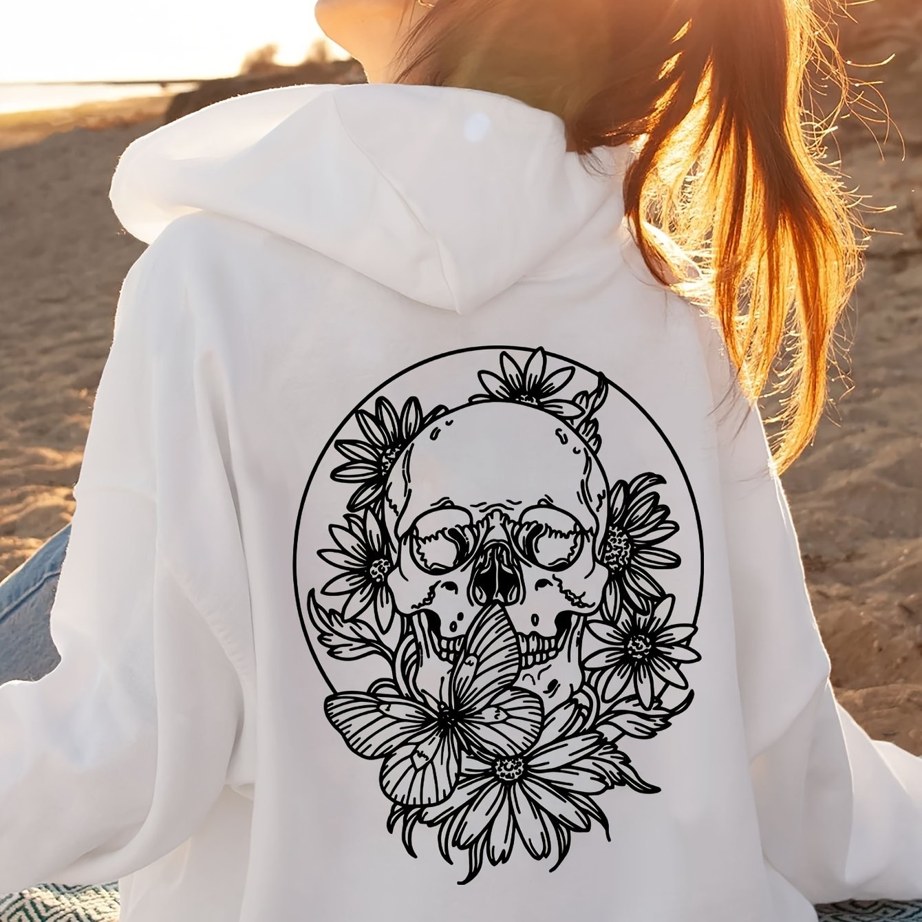Plus Size Floral Skull Print Hoodie - Casual Oversized Pullover with Long Sleeves, Pocket Detail, Slight Stretch Polyester - Women's Fall/Winter Hooded Knit Sweatshirt