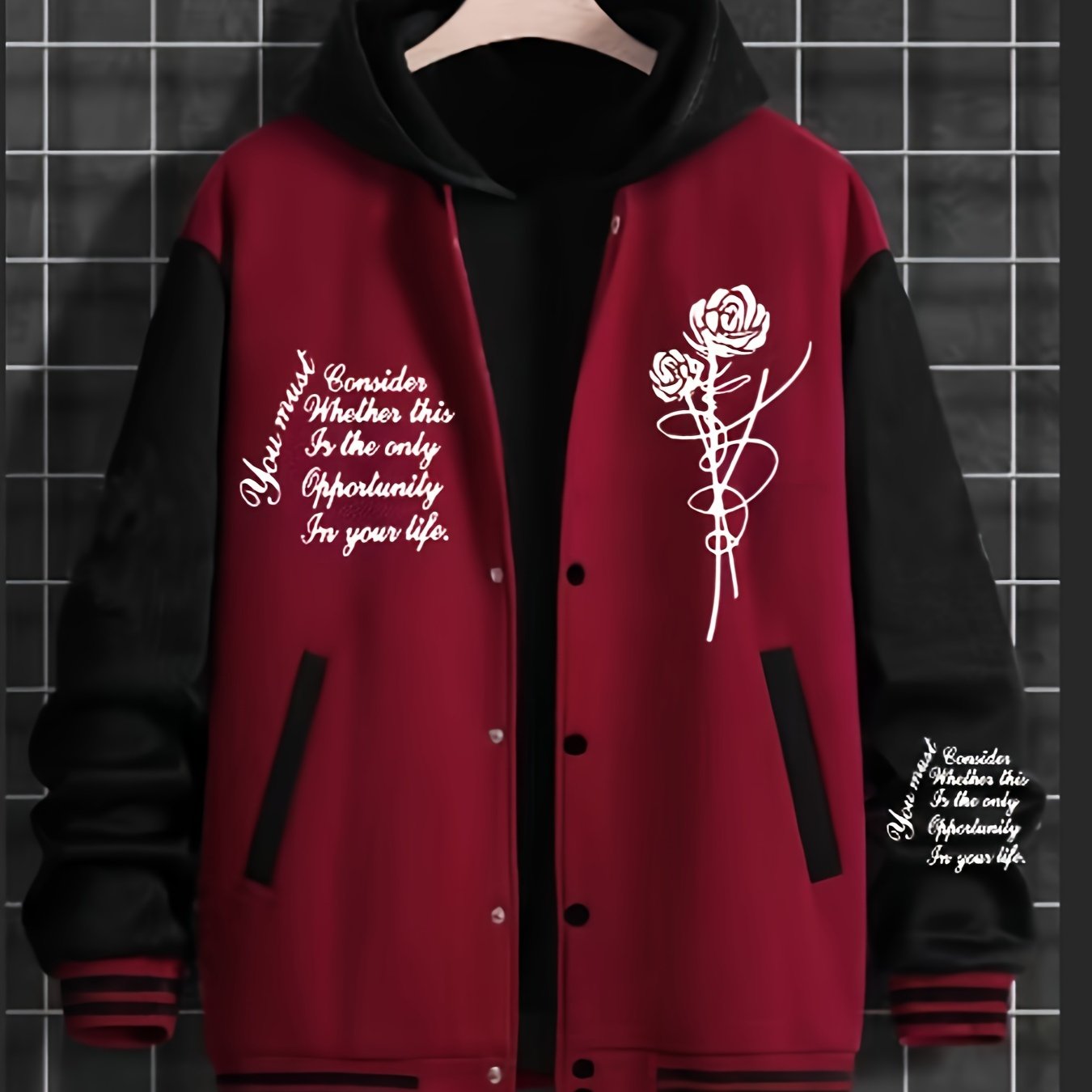 1pc Men'S Fashion Casual Sports Jacket with Rose Print - Polyester Knit Fabric, Baseball Collar, Double Breasted Closure, Regular Fit, Slight Stretch, Animal Pattern, Pocket Details, Lined with Polyester Fiber
