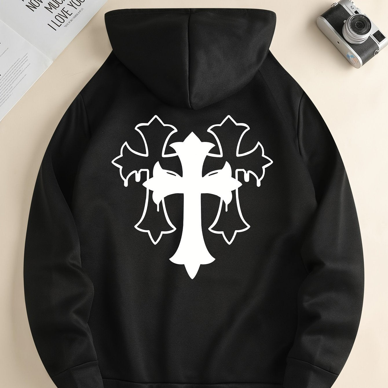 Cross Print Men's Simple Style Pullover Hoodies With Kangaroo Pocket Long Sleeve Hooded Sweatshirt Loose Casual Top For Autumn Winter Men's Clothing As Gifts