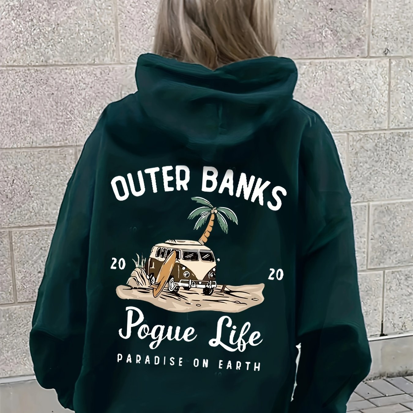 Funny Landscape & Letter Print Kangaroo Pocket Hoodie, Casual Long Sleeve Drawstring Hoodies Sweatshirt for Winter & Autumn, Women's Clothing, Oversized Hoodie
