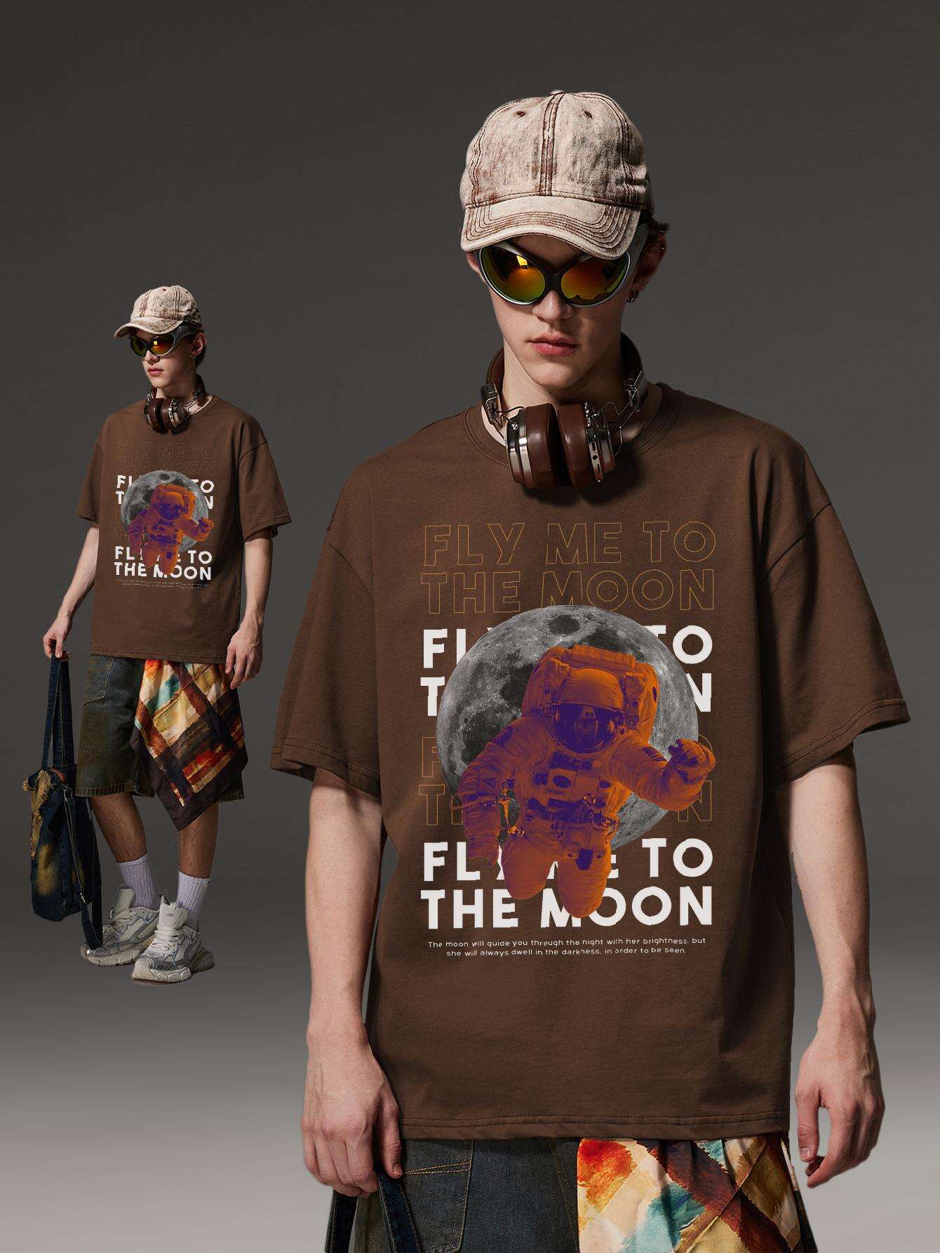 PRIVATHINKER Men's "Fly Me to The Moon" Graphic Tee - 100% Cotton, Oversized & Lightweight, Casual Summer Streetwear with Astronaut & Moon Design, Short Sleeve, Round Neck