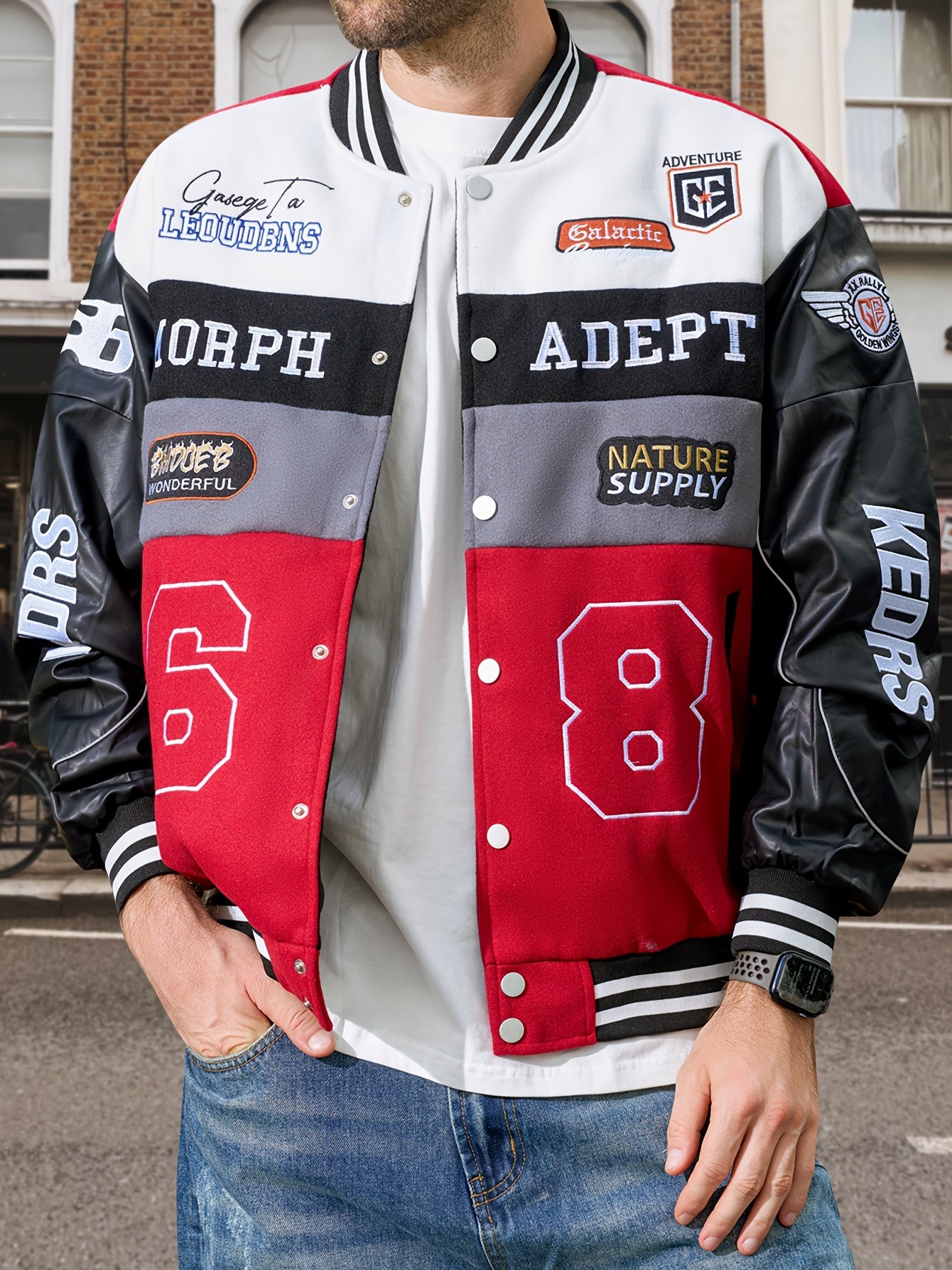 Men'S Daily Patchwork Polyester Varsity Jacket Stylish Retro Embroidered Long Sleeve Baseball Coats Casual Unisex Loose Outdoor Outerwear