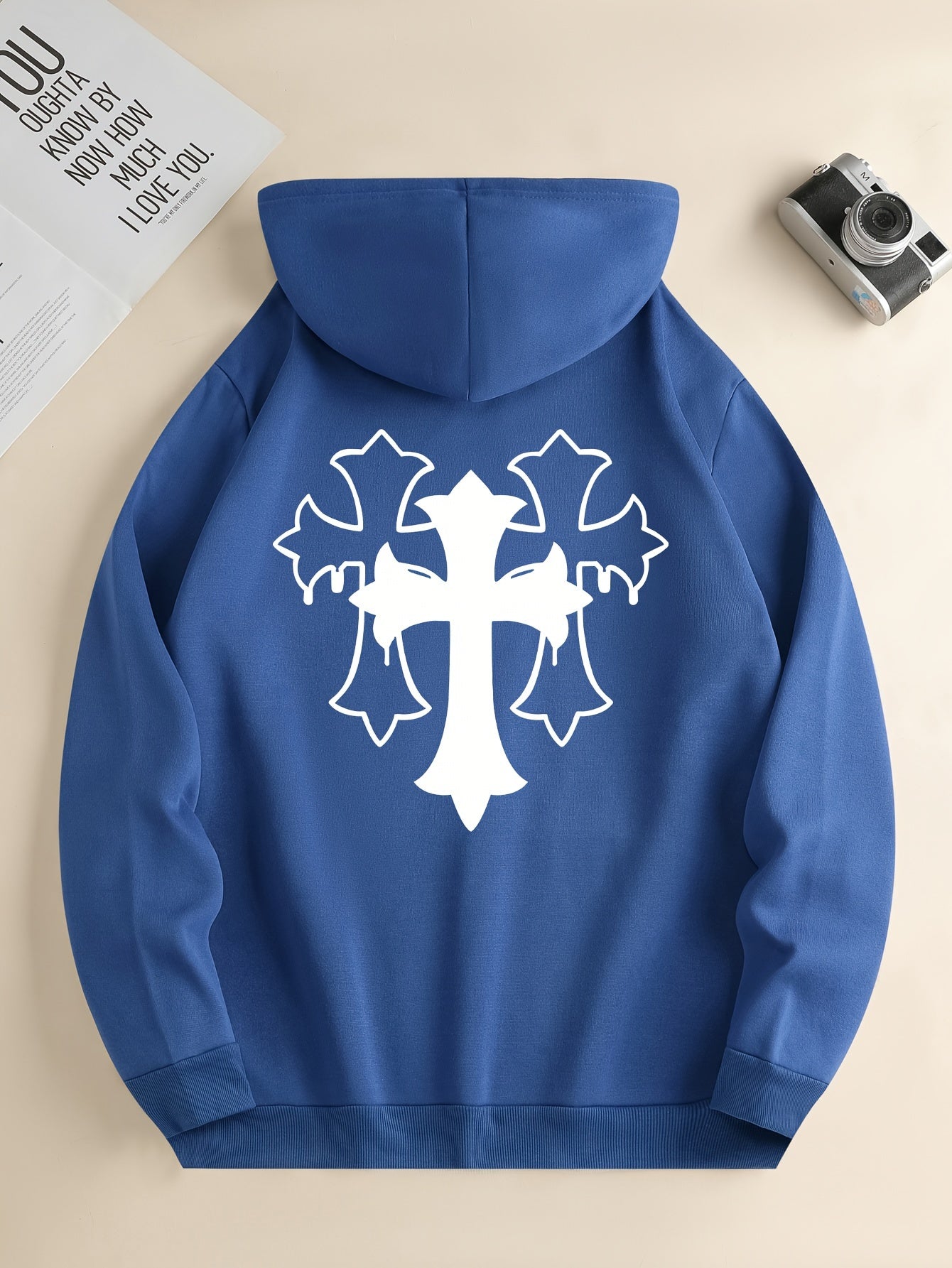 Cross Print Men's Simple Style Pullover Hoodies With Kangaroo Pocket Long Sleeve Hooded Sweatshirt Loose Casual Top For Autumn Winter Men's Clothing As Gifts
