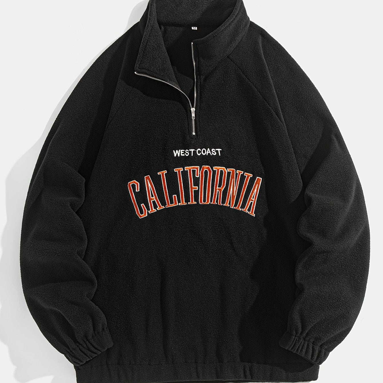 Men's Embroidered Fleece Pullover Sweatshirt with Quarter-Zip Stand Collar - Casual Long Sleeve, Polyester Blend