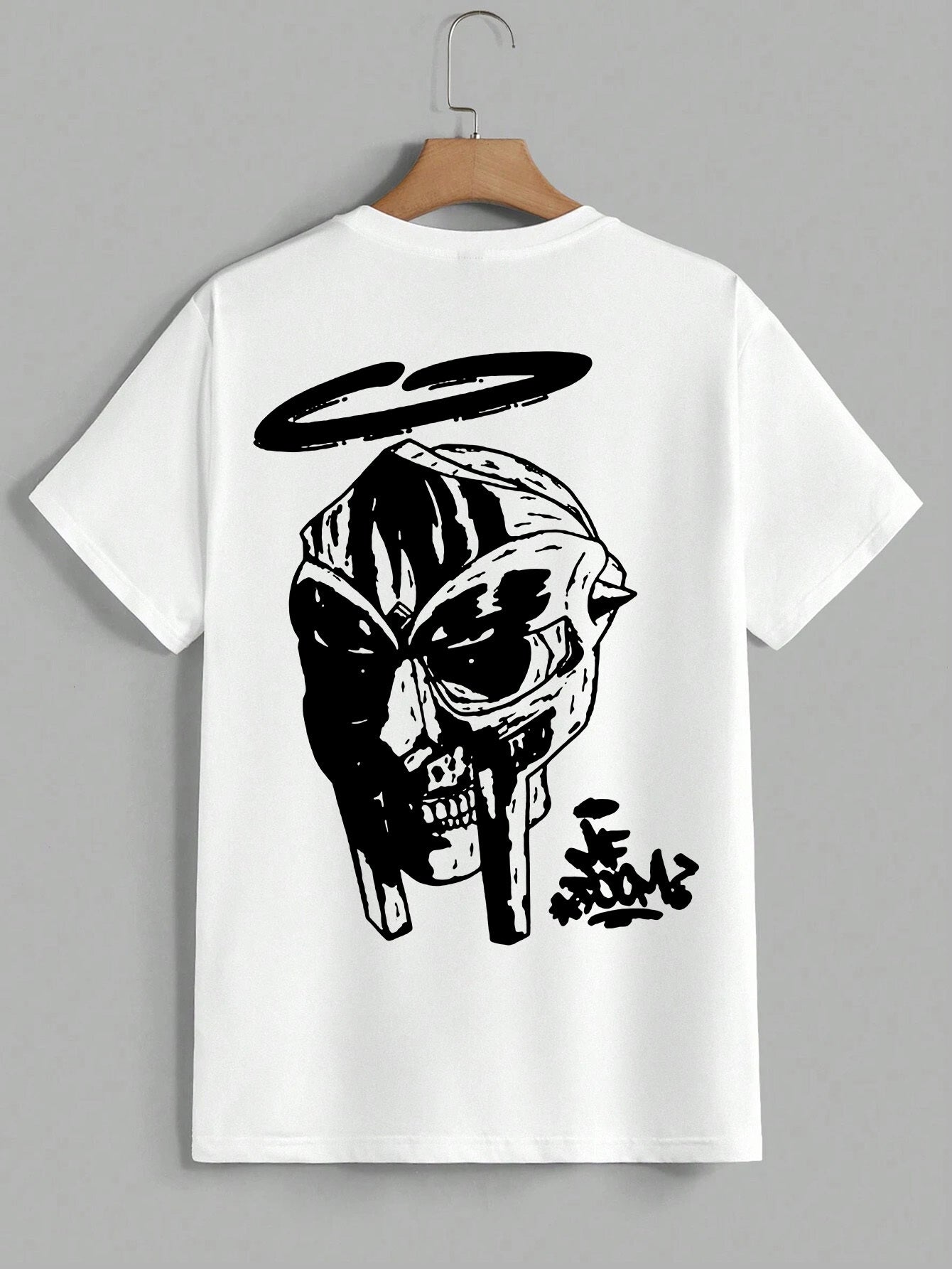 Men's Oversized MF DOOM Mask Graphic Tee - Casual Trendy Summer Black T-Shirt with White Print, 100% Polyester, Machine Washable, Vacation Style, H Version, Leisure Outing Occasion, Summer