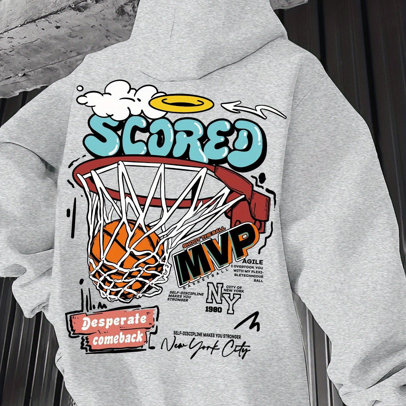 Spring/Fall Casual MVP Basketball Graphic Hoodie for Men - Knitted Fabric Regular Fit with Slight Stretch - Polyester & Elastane Blend, Geometric-Pattern, Hooded Pullover - Fashion Sportswear