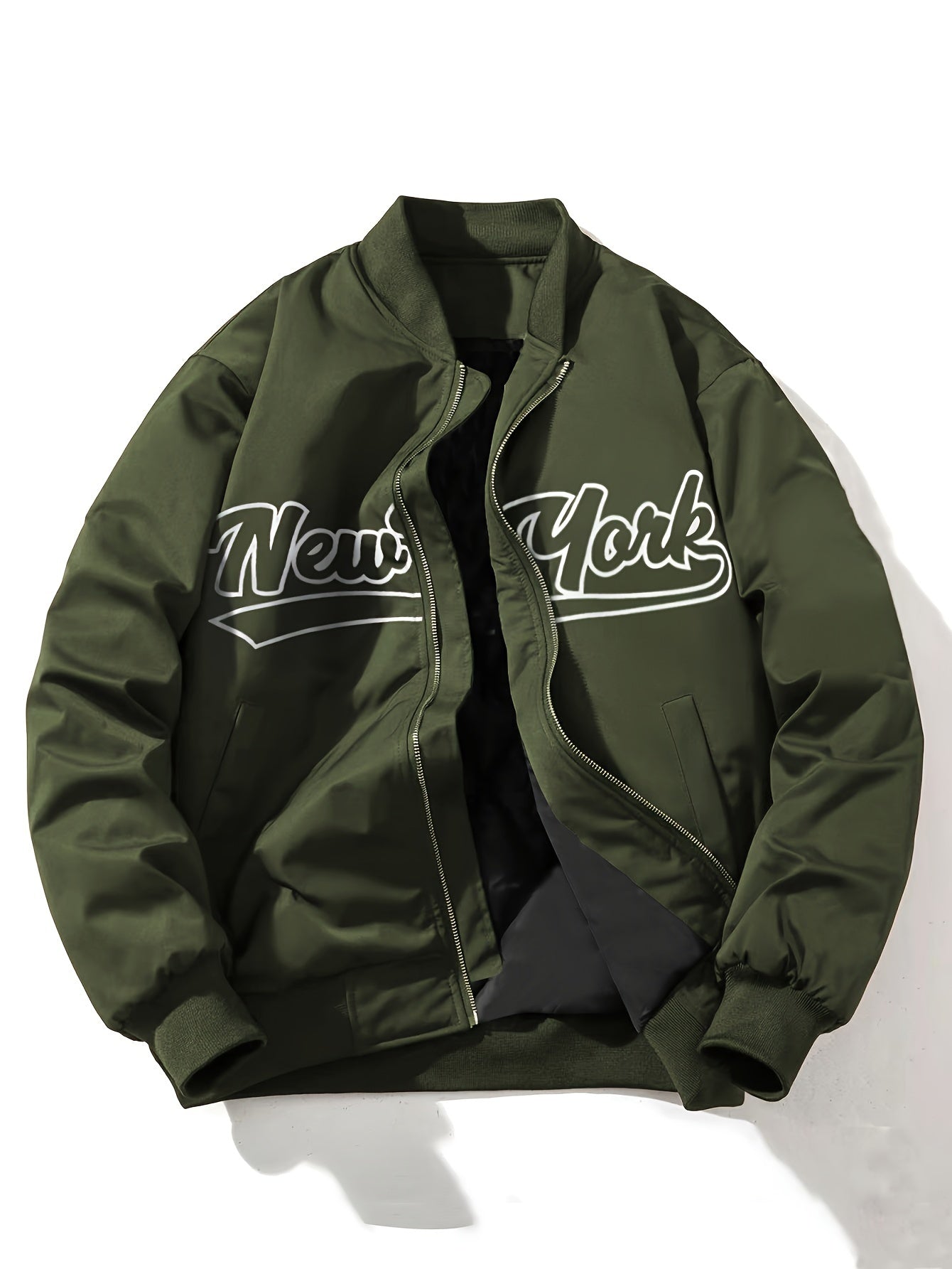 1pc Men'S Casual Bomber Jacket, Polyester 100% Lightweight Windbreaker, Letter Print, Baseball Collar, Long Sleeve, Regular Fit with Pockets, Zippered Front - Daily and Leisure Wear