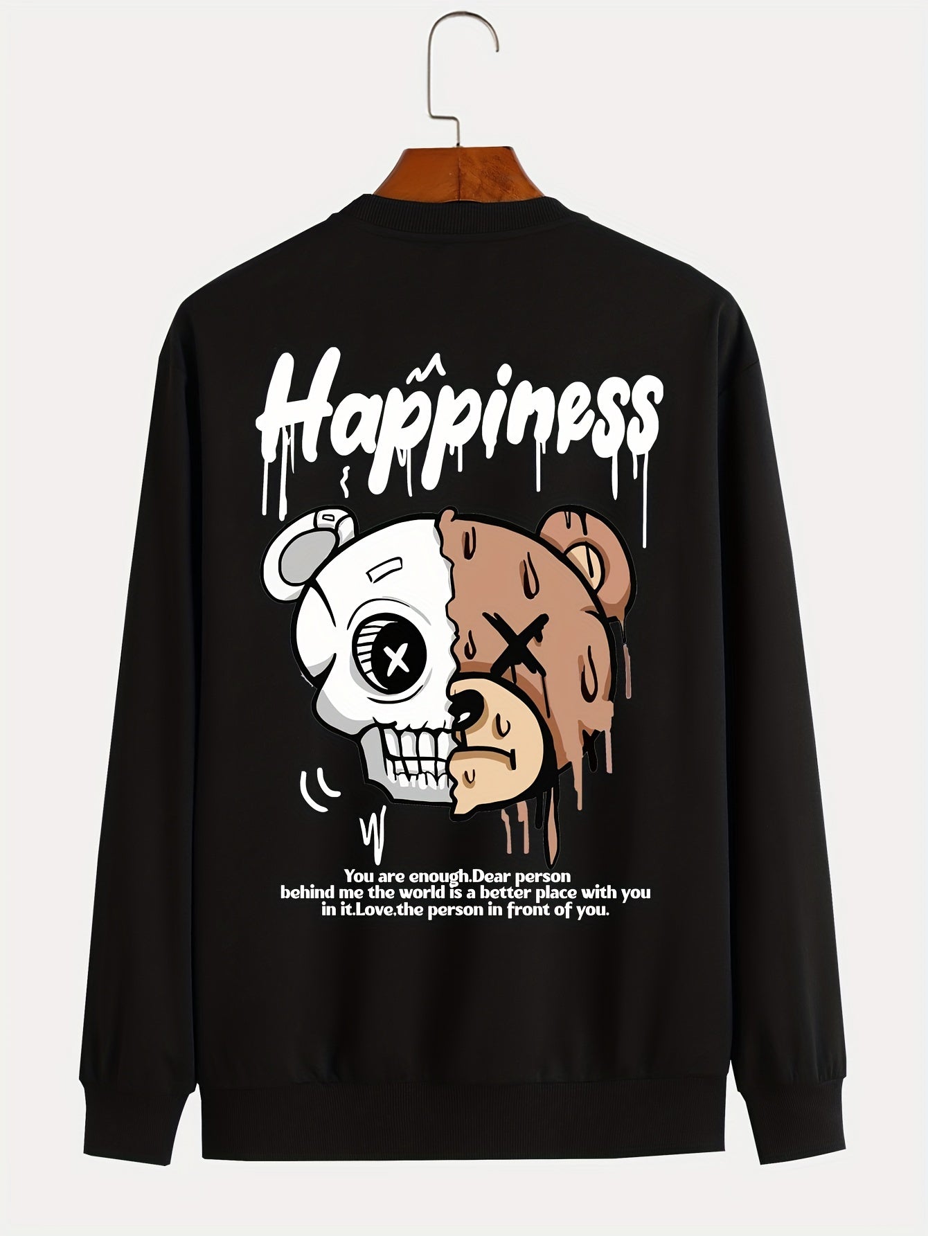 Melted Skull Bear Printed Men's Crew Neck And Long Sleeve Sweatshirt, Casual Style, Breathable, Comfortable, Stylish Street Fashion Pullover Sweatshirt
