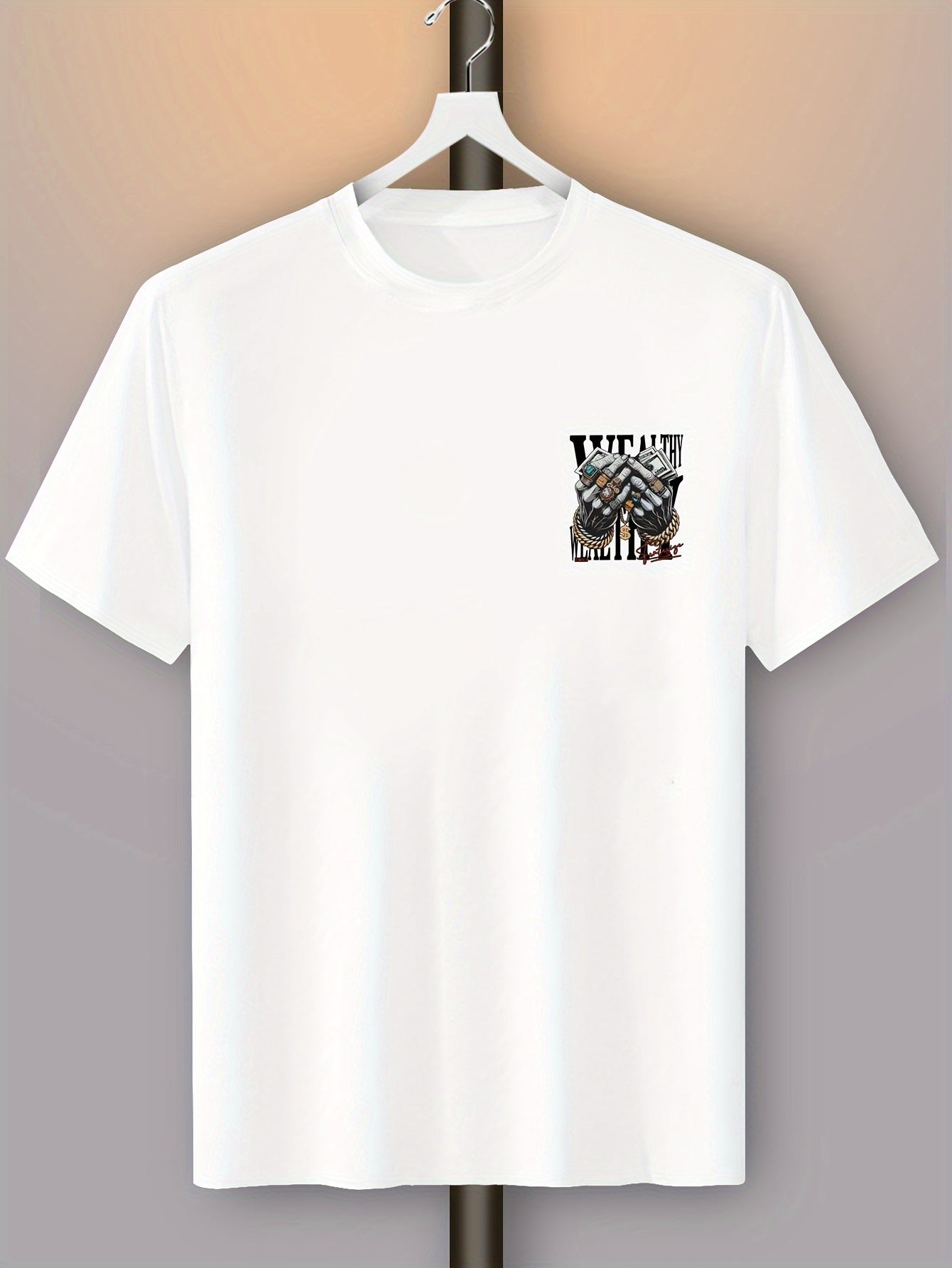 Men's Casual Graphic Tee with Unique Hand Jewelry Design - Soft Polyester Blend, Stretch Fit, Machine Washable - Perfect for Summer Outings