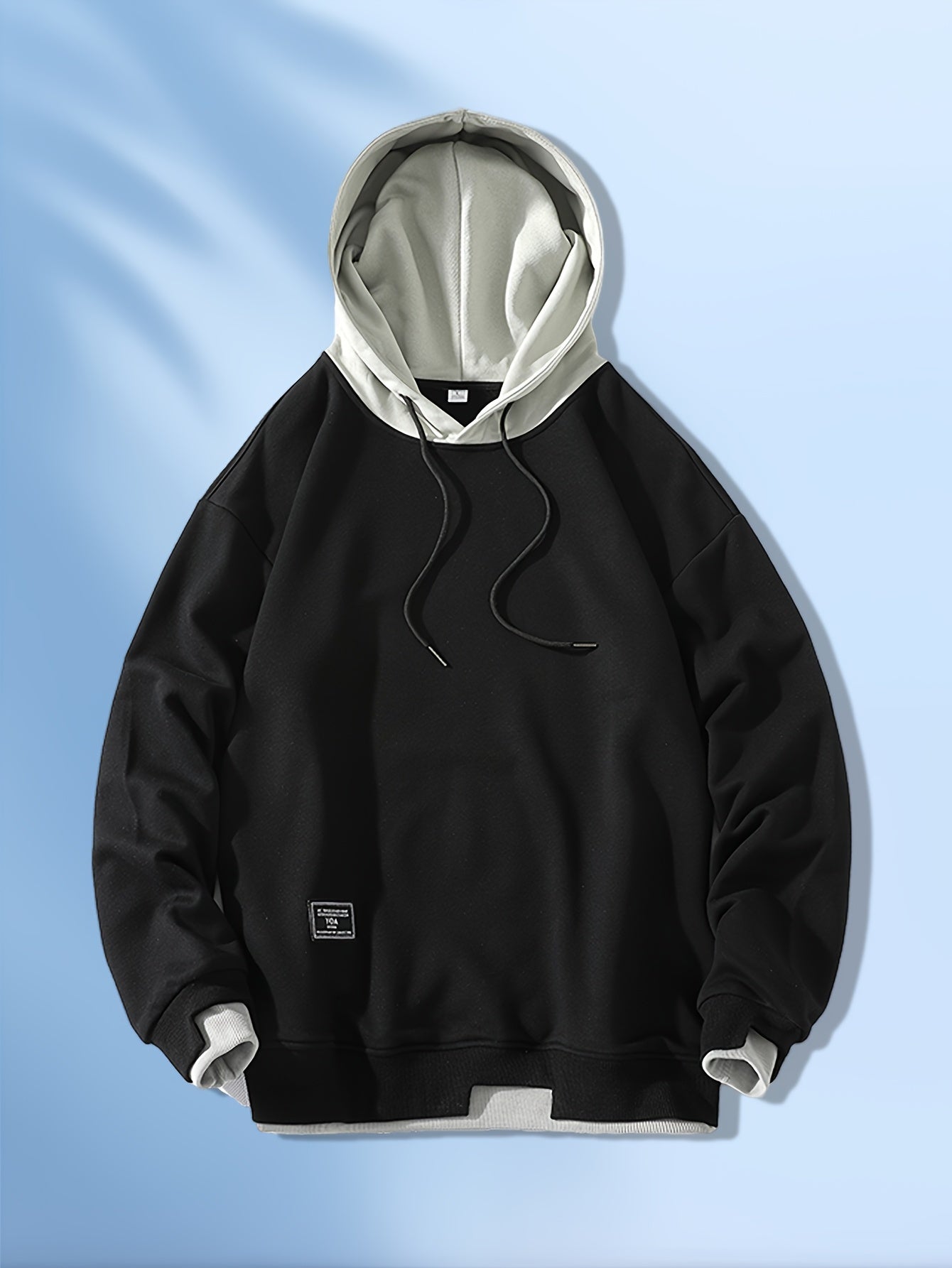 Men'S Fashion Casual Hooded Sweatshirt, 100% Polyester Knit Fabric, Long Sleeve, Loose Fit Pullover with Geometric Applique Design, Medium Stretch, for Spring/Autumn Trendy Streetwear