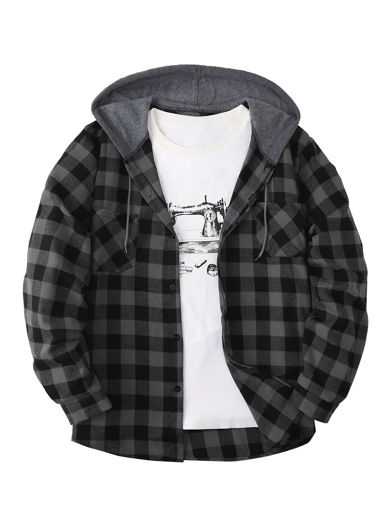 Fashionable Design Men's Plaid Pattern Hooded Long Sleeve And Button Up Shirt Jacket With Pockets, Chic And Trendy Hoodie Jacket For Outdoors Leisurewear