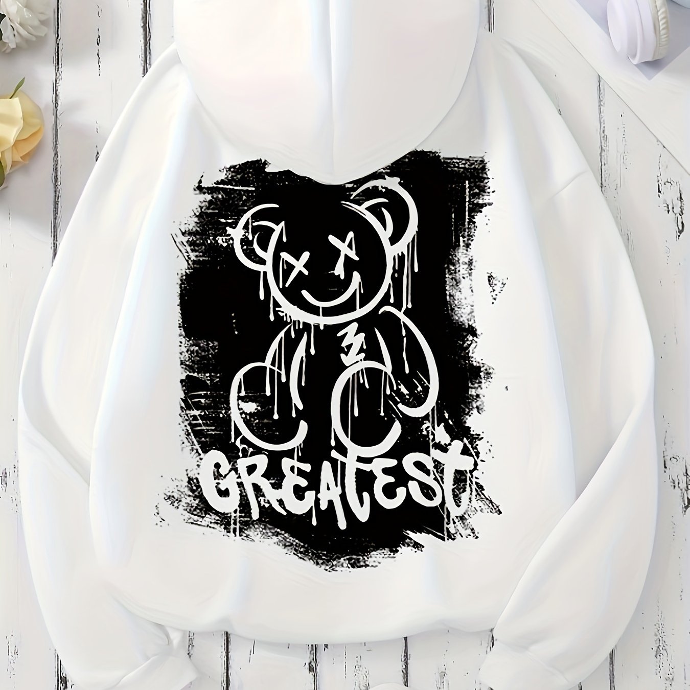 Bear Print Kangaroo Pocket Hoodie, Casual Long Sleeve Drawstring Hooded Sweatshirt, Women's Clothing
