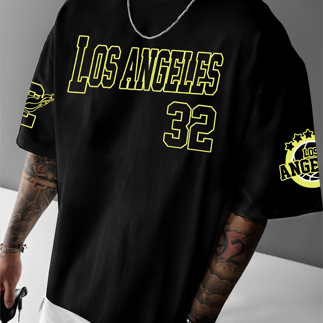 Men'S Fashion Los Angeles Print Casual Loose Crew Neck T-Shirt, 100% Polyester Knit Fabric, Slight Stretch, for Summer Wear