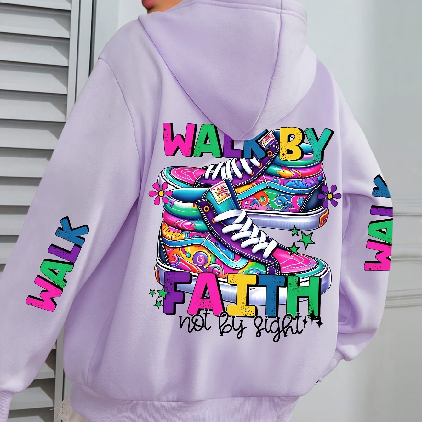 Plus Size Women's Hoodie with Colorful Walk Shoes Print - Casual Long Sleeve Pullover with Pocket, Cozy Polyester Hooded Sweatshirt for Fall & Winter, Fall Fashion Hoodie|Vibrant Shoe Design|Machine Washable Top