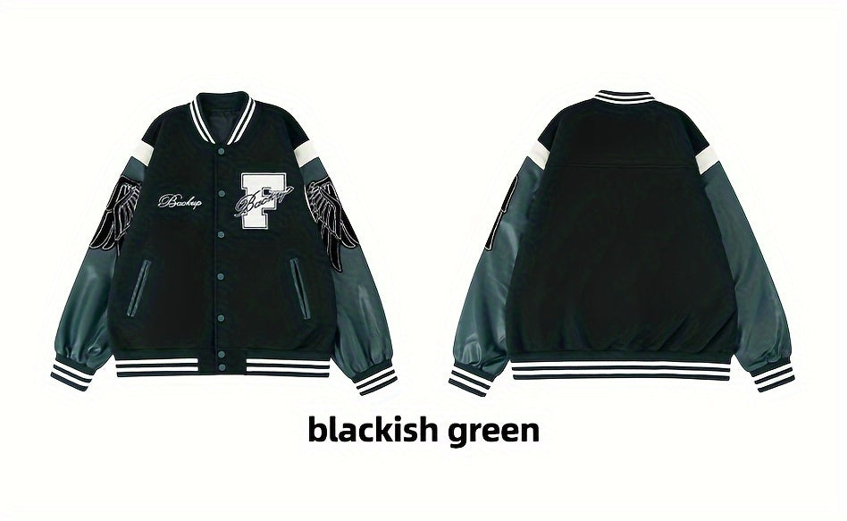 Men's Letter Double-wing Embroidery Varisty Jackets Vintage Long Sleeve PU Leather Patchwork Baseball Coats for Autumn&Winter