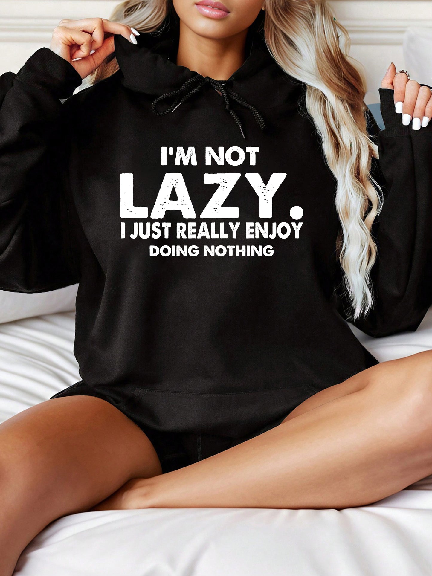 I'm Not Lazy Print Hoodie, Casual Long Sleeve Kangaroo Pocket Drawstring Hoodie Sweatshirt, Women's Clothing