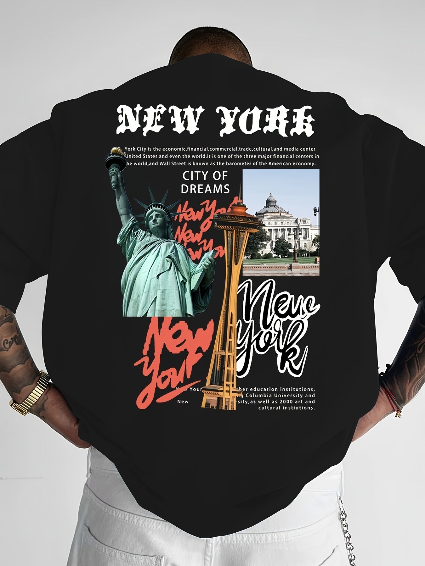 Men's Casual Statue of Liberty & Letter Print T-Shirt - Loose Fit, Breathable Polyester, Round Neck - Perfect for Summer