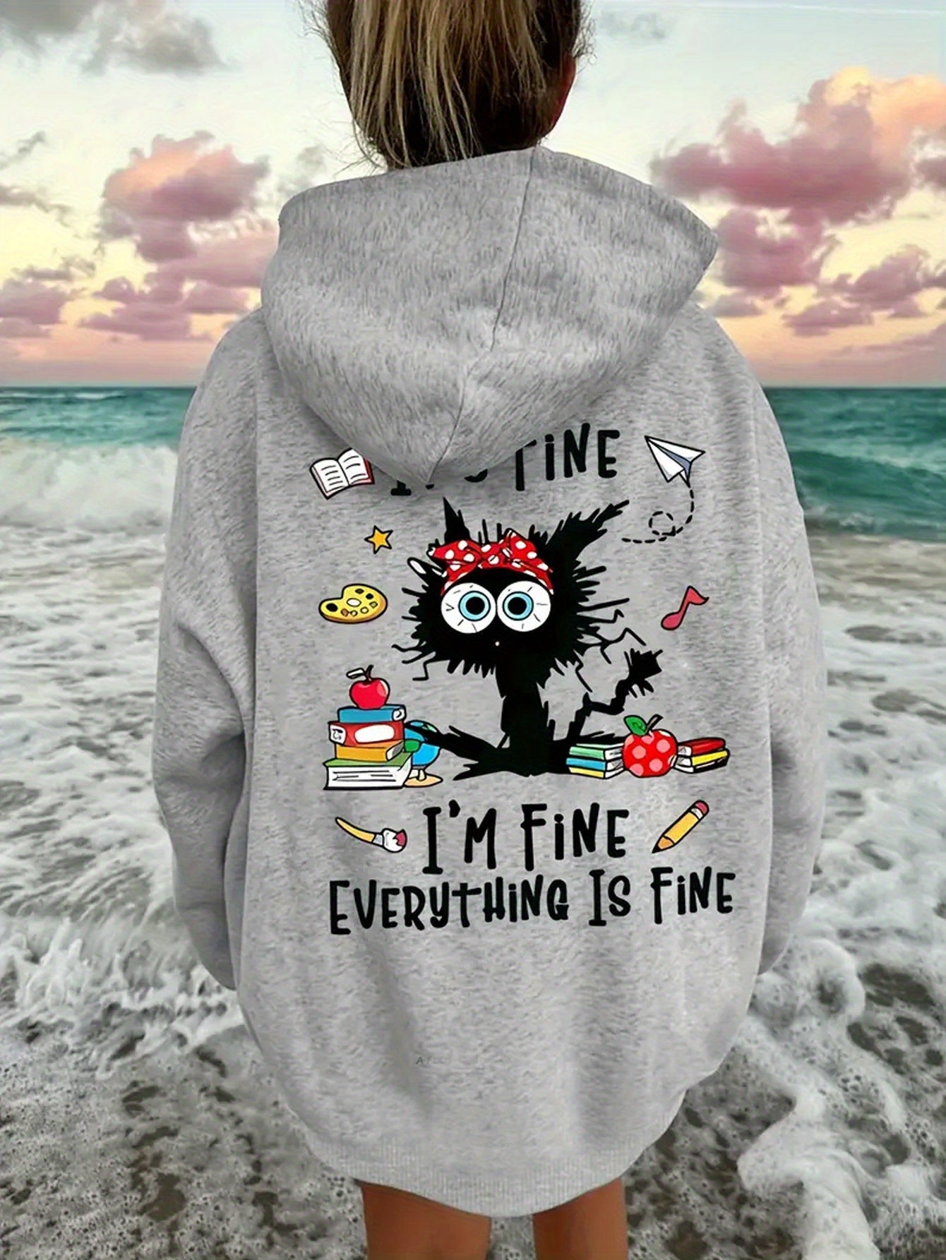 Women's Casual Hoodie with Geometric & Letter Print - Drawstring, Long Sleeve Pullover for Fall/Winter, Machine Washable