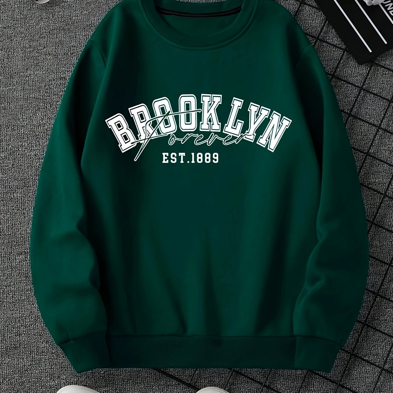 Brooklyn 1889 Graphic Crew Neck Sweatshirt - Casual Style French Terry Polyester 100% Non-Stretch Knit Fabric, Loose Fit Alphabet Patterned Pullover for Men