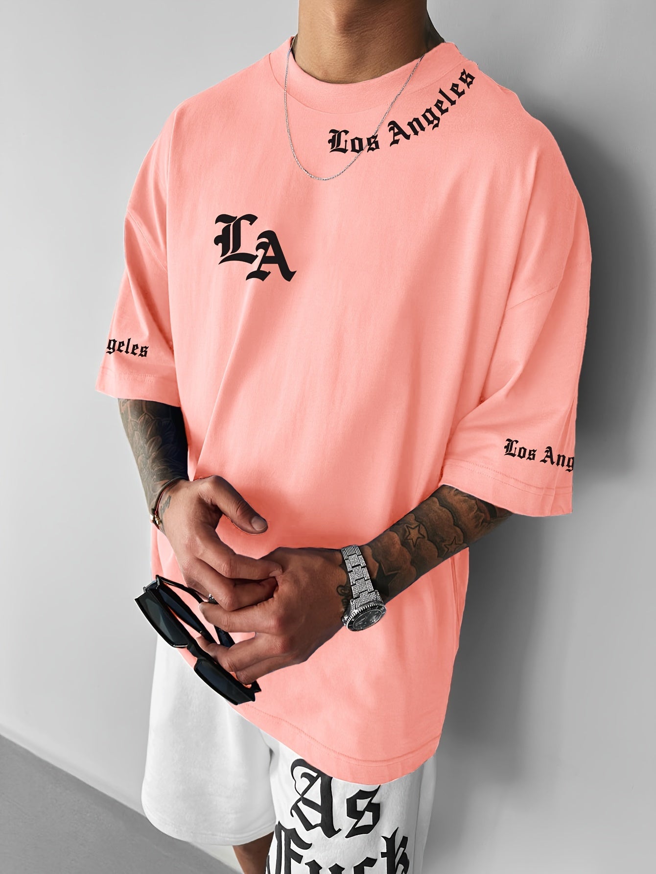 Men'S Casual Los Angeles Graphic Print T-Shirt Polyester Crew Neck Slight Stretch Summer Tee, Loose Fit Round Collar Short Sleeve Top for Men