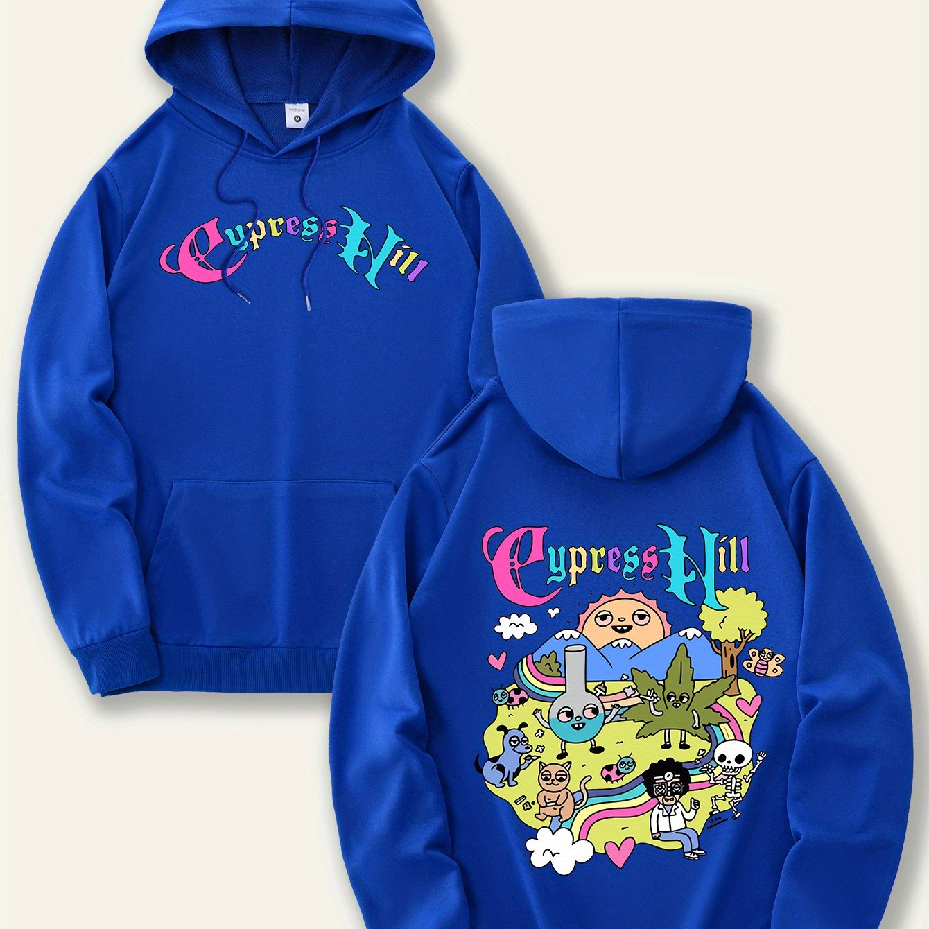 Men'S Fashion Hoodie with Cypress Hill Geometric Cartoon Print - All Season Casual Knit Polyester Sweatshirt with Hood, Drawstring, Kangaroo Pocket, Regular Fit - Unisex Stylish Pullover